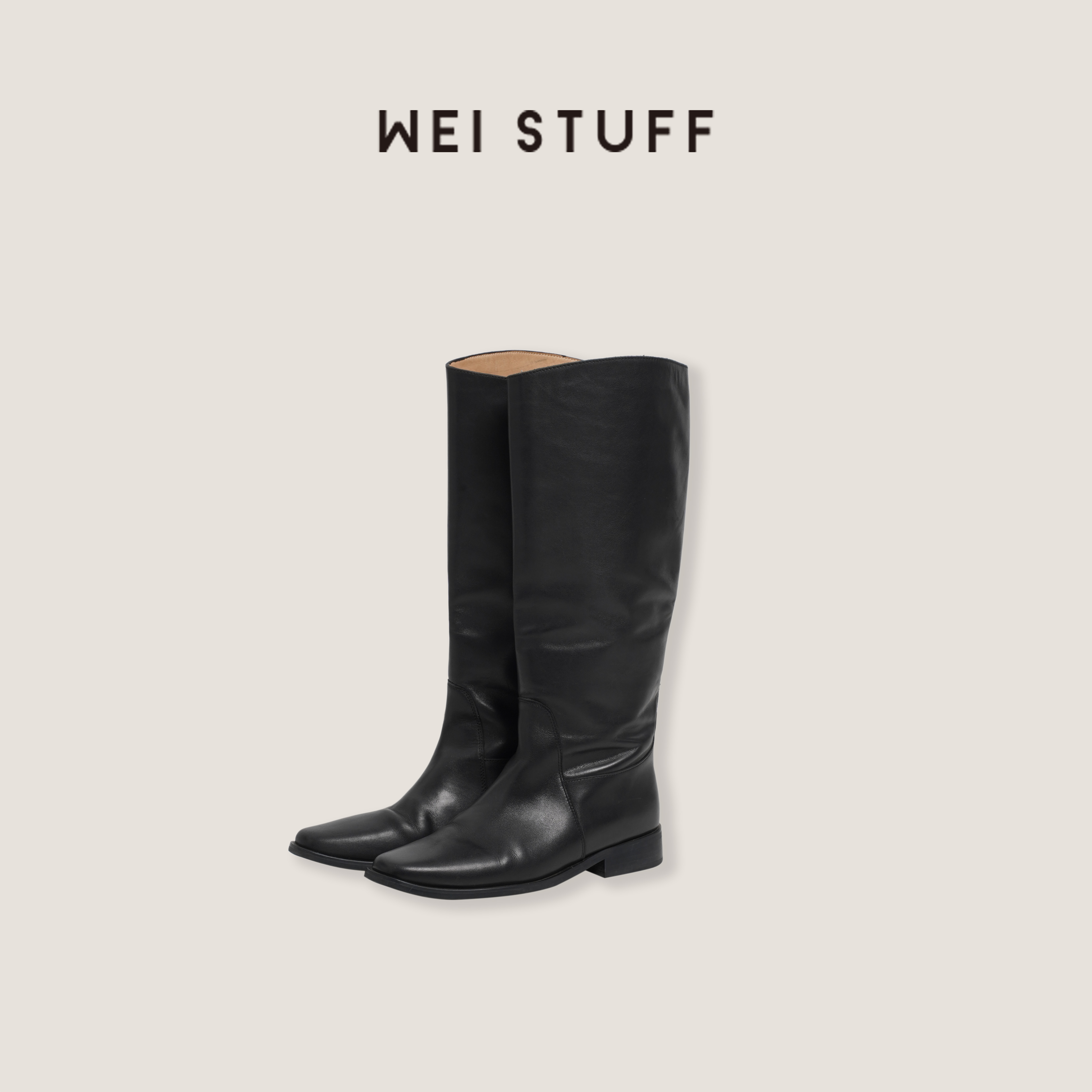 WEI STUFF 头层牛皮黑色方头高筒显瘦骑士靴长筒靴 7457.