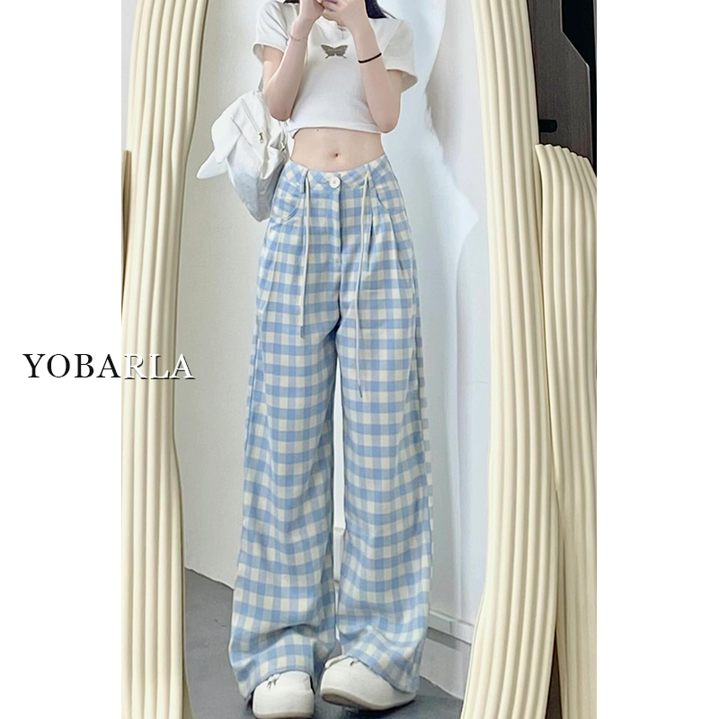 【618】蓝色格子慵懒休闲裤女夏季高腰大码宽松显瘦梨形身材阔腿裤