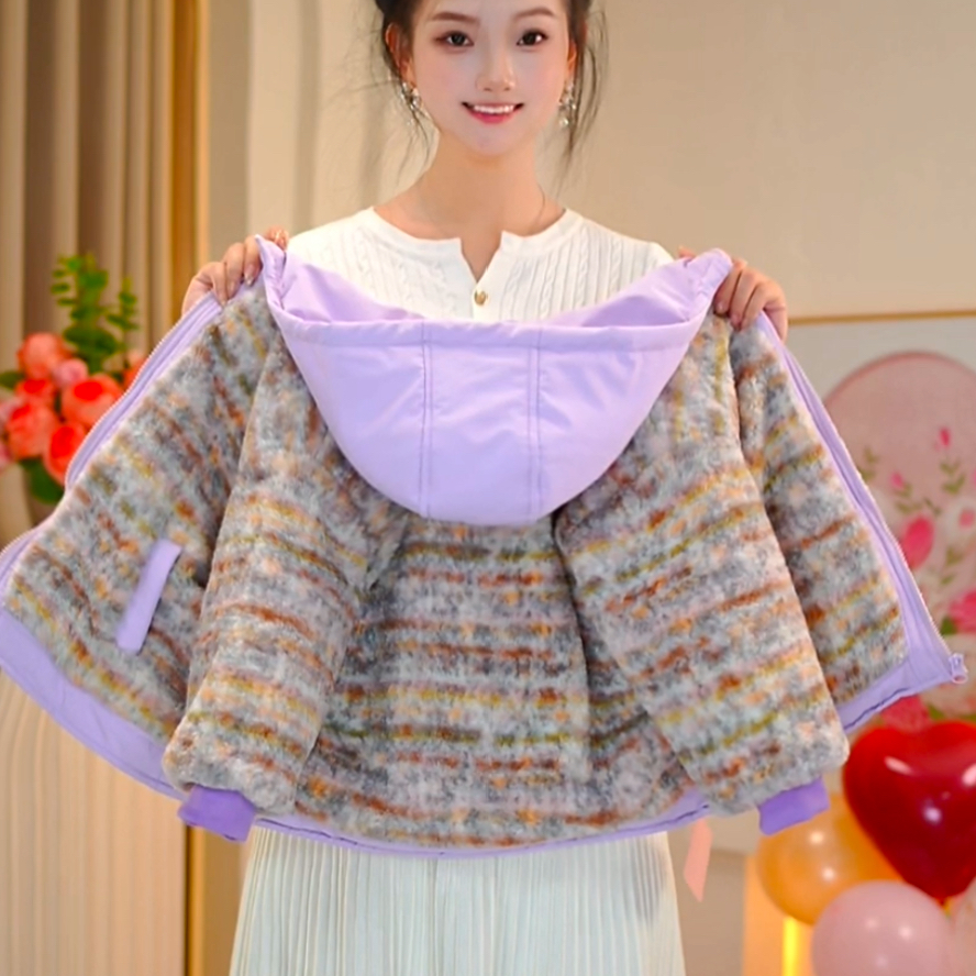 佳琪妈】极寒系列女童浅紫美拉德一件过冬连帽棉服外套-7179#