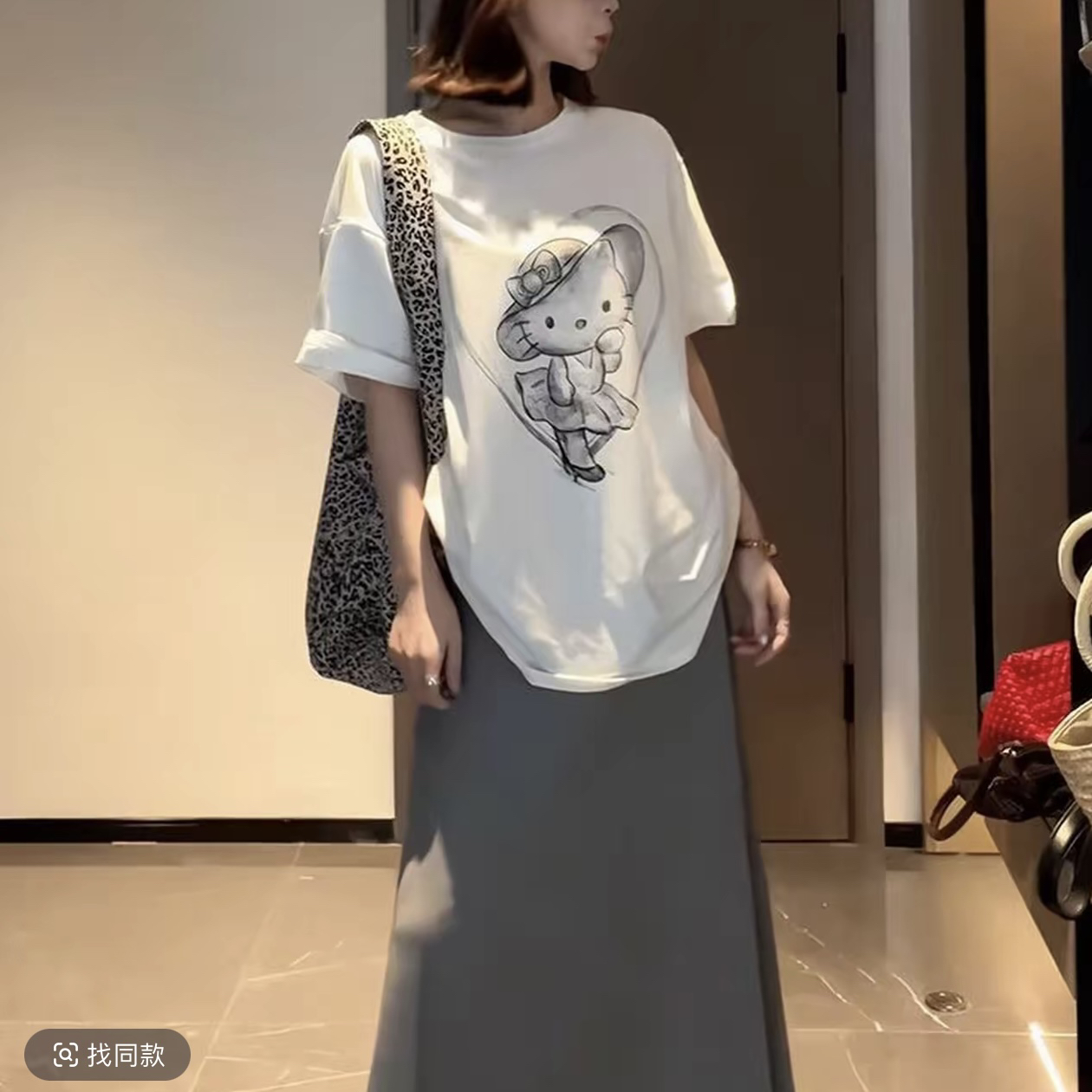 韩系慵懒风Kitty猫短袖T恤女新款夏季大码休闲宽松上衣可外穿ins