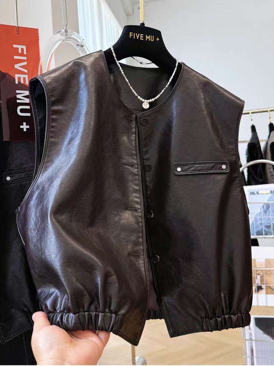 皮马甲女短款2025秋季新款韩系宽松显瘦皮衣外套坎肩无袖夹克上衣