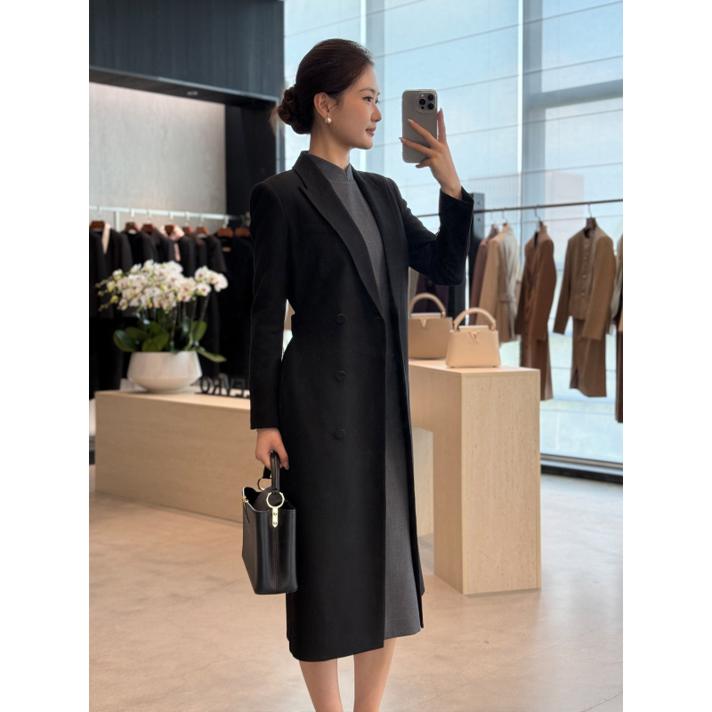 秋冬季新款复古赫本风直筒长款气质秋冬新款黑色大衣外套女-3087