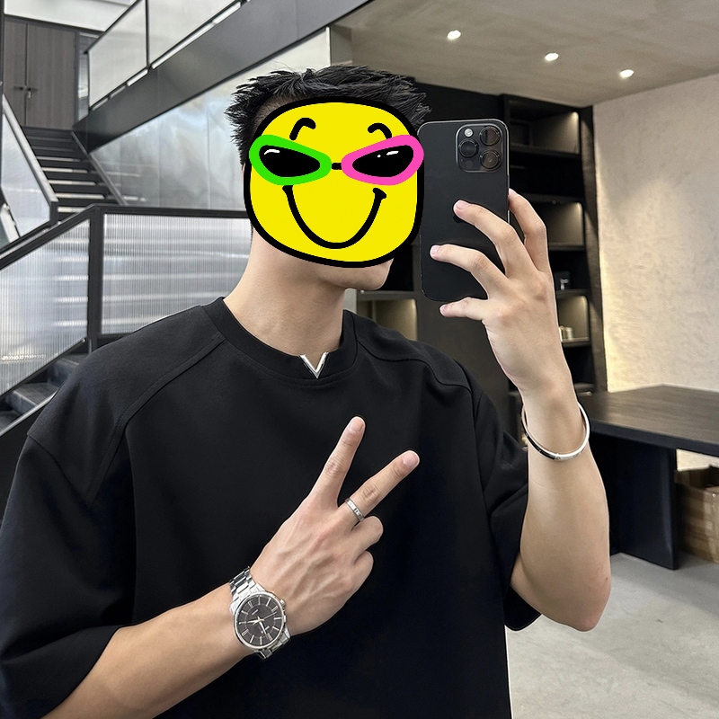 LPZ穿搭【显肩宽小V设计款】夏季男士短袖T恤高级感简约宽松上衣