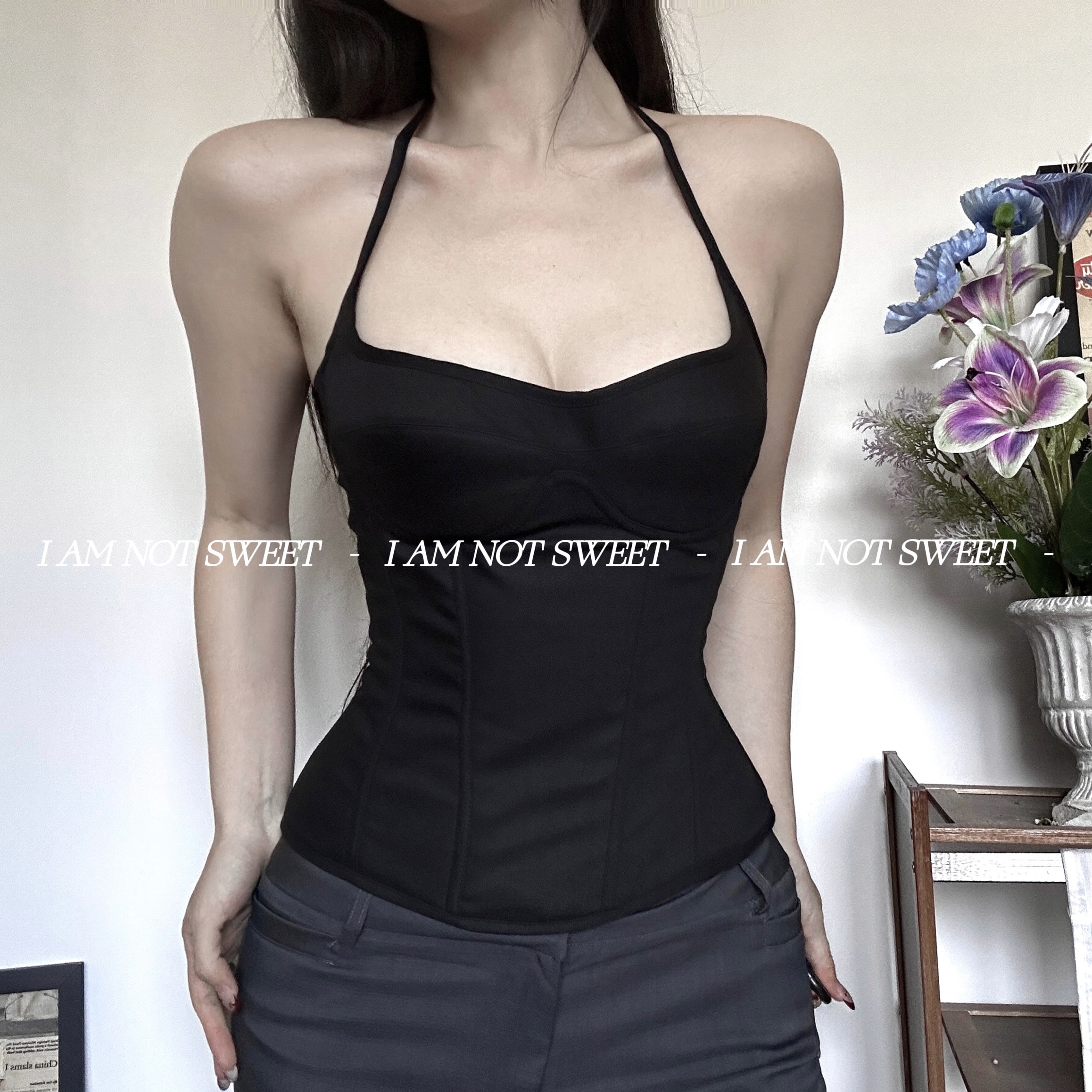 【花花不甜】缪斯之梦 挂脖塑形绑带拉链鱼骨抹胸辣妹吊带上衣