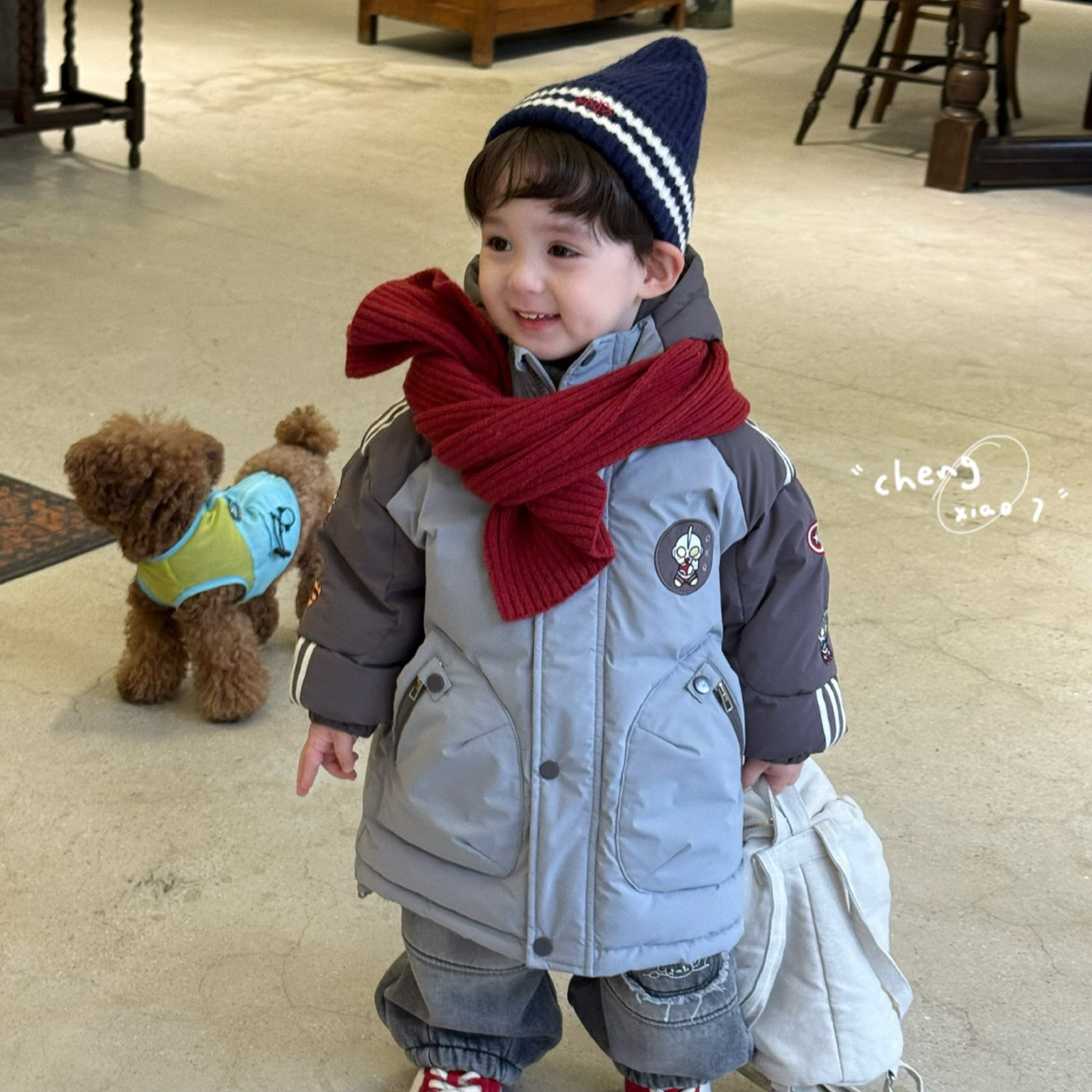 橙小七2025冬季新款男童小童韩版奥特曼中长款连帽保暖羽绒服外套