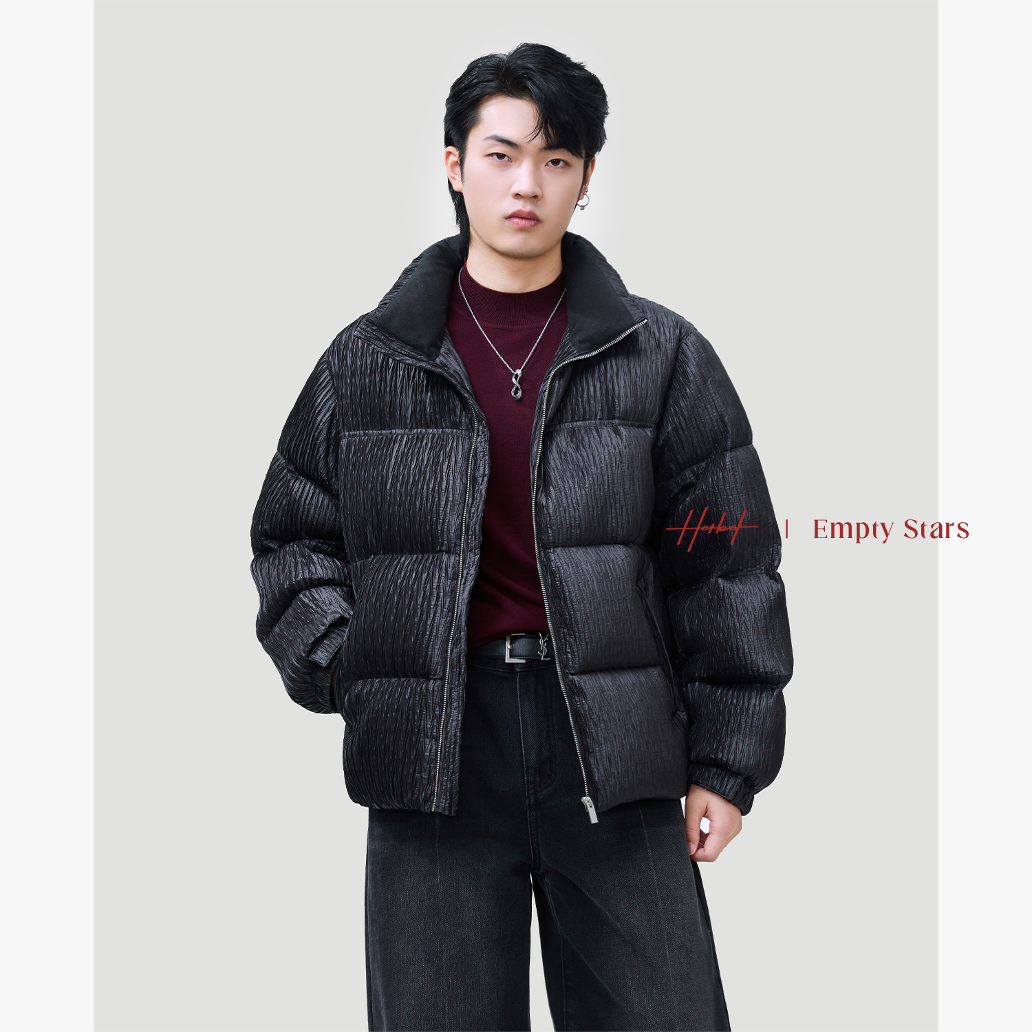 HERBEL/黑白冬季时尚翻领羽绒服 男士潮流短款羽绒服加厚保暖