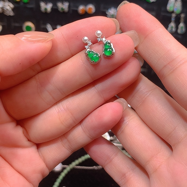 翡翠银S925镶嵌耳饰耳钉
