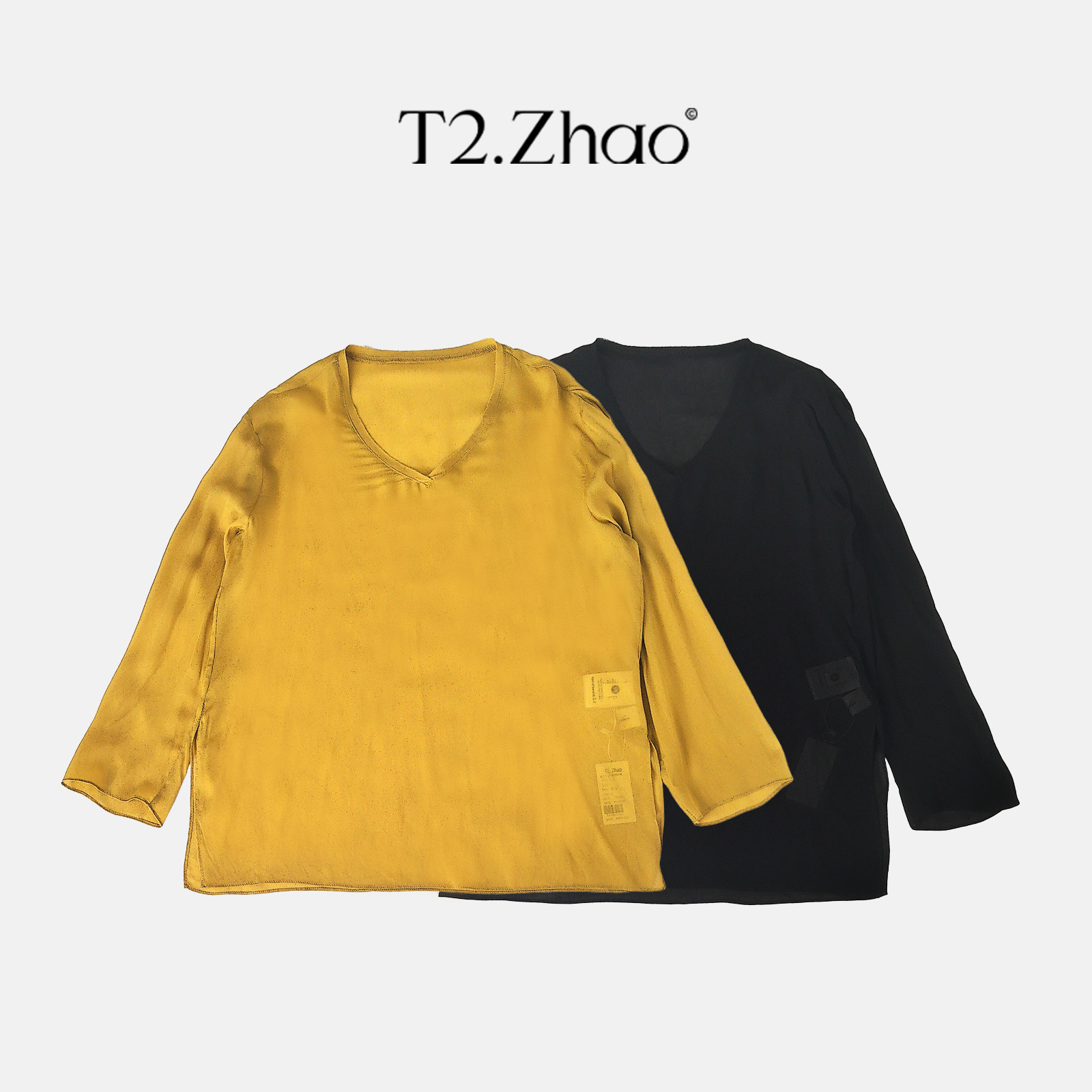 T2.Zhao [琉金雅韵]V领侧开叉真丝上衣9974