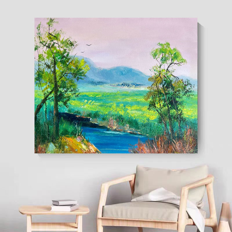 《河畔轻语》50*60含内框，刘春建原创手绘油画，肌理装饰画挂画