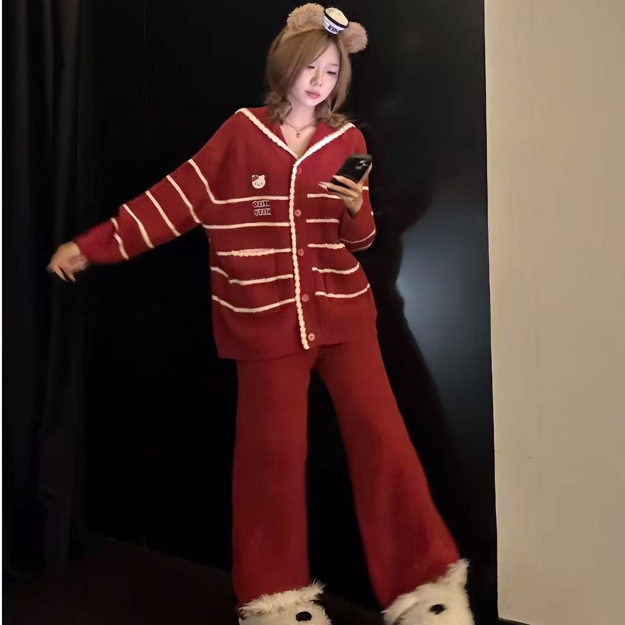 【红色kT】软绵绵半边绒睡衣女秋冬加绒加厚套头长袖家居服套装    