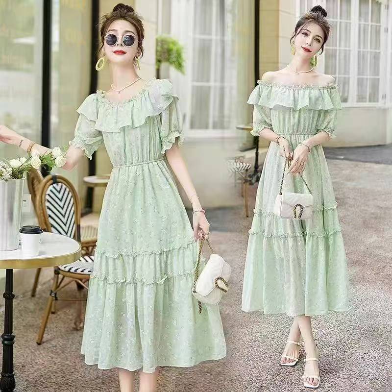 [702]碎花见外包装夏季一字领轻奢公主甜美女士时尚连衣裙