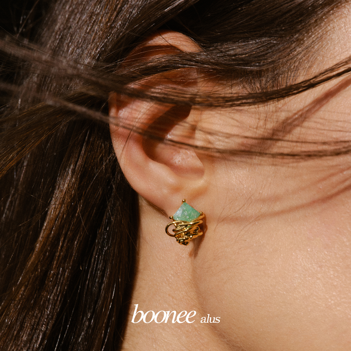 boonee alus 铜合金锆石耳饰 小巧精致时尚爆闪方形锆石耳钉女