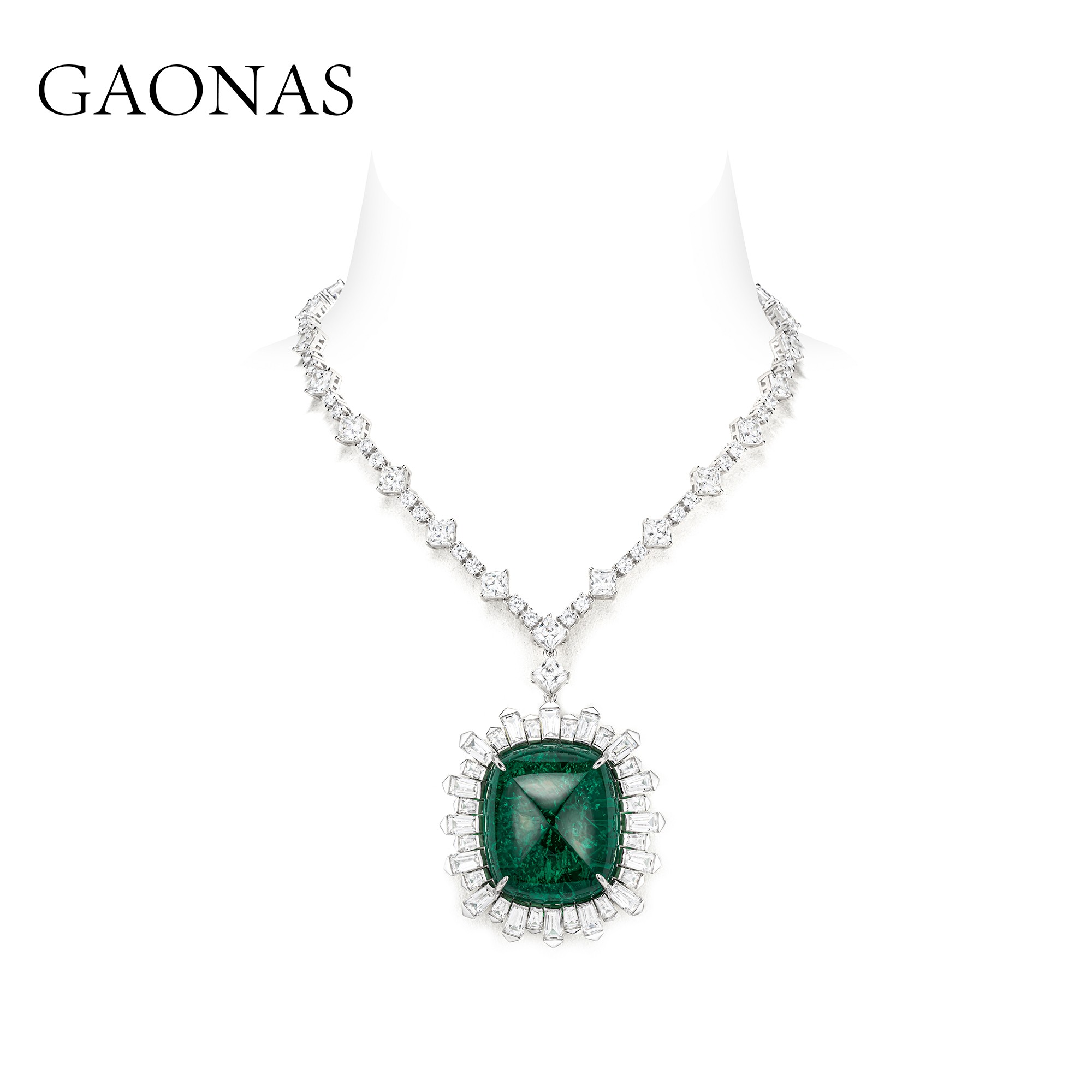 GAONAS 坠链均925银合成锆石 臻奢贵气绿色唐塔豪华项链GX129333