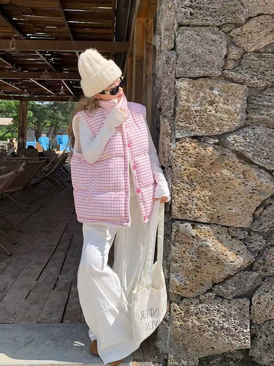 超可爱的双面穿棉服马甲加厚冬季保暖宽松女学生时尚格子韩版