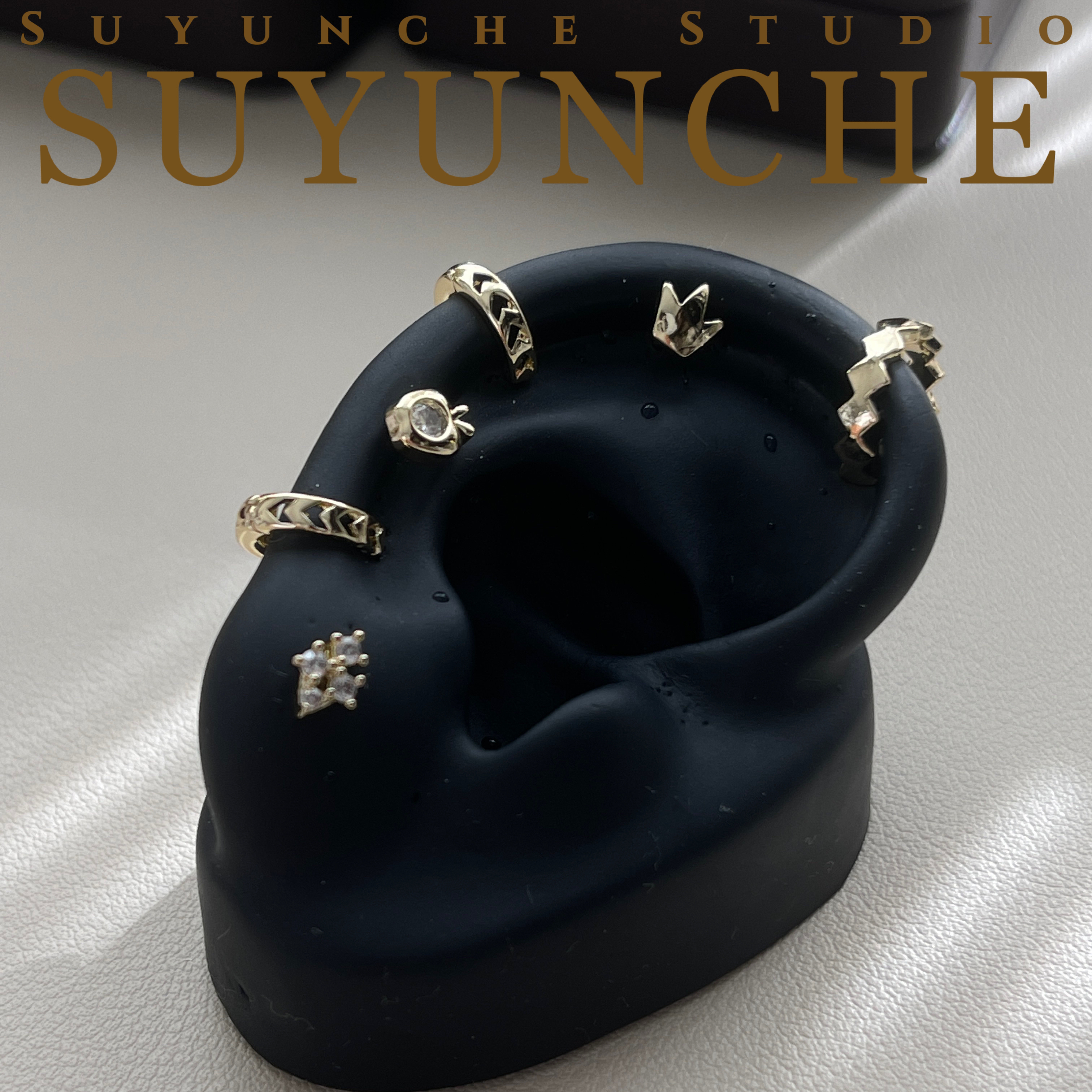 铜合金合成锆石耳饰 Suyunche2730别致多耳洞可戴浅金色耳环组合