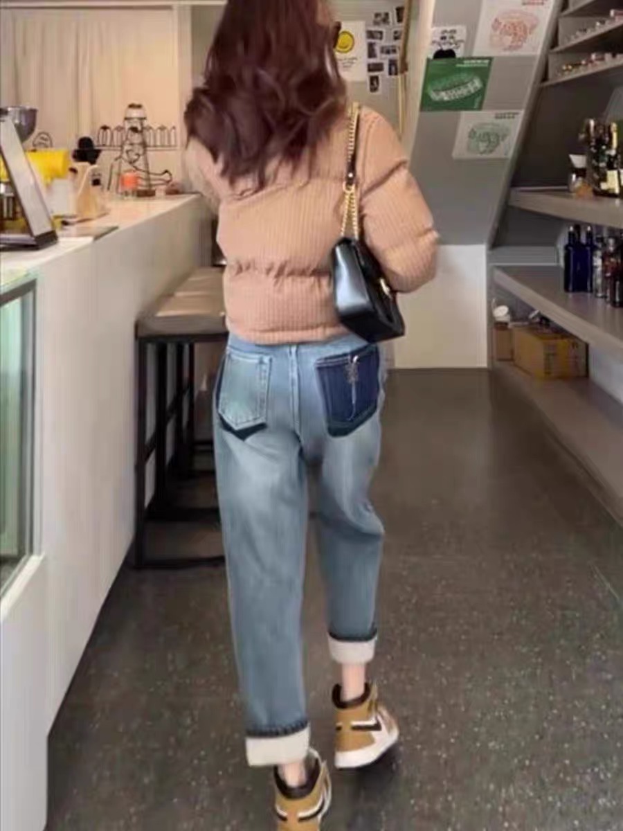 冬季孕妇裤加绒直筒裤刺绣牛仔风休闲高腰加厚微弹牛仔裤阔腿时尚