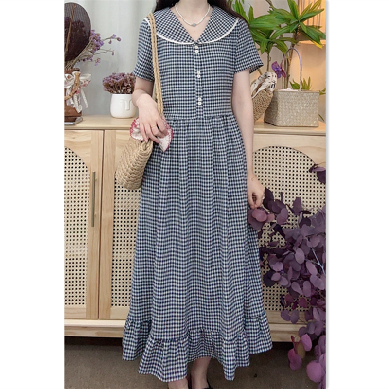 大乔【画报】黑色格子纯棉短袖连衣裙夏季长裙减龄气质款格纹显瘦