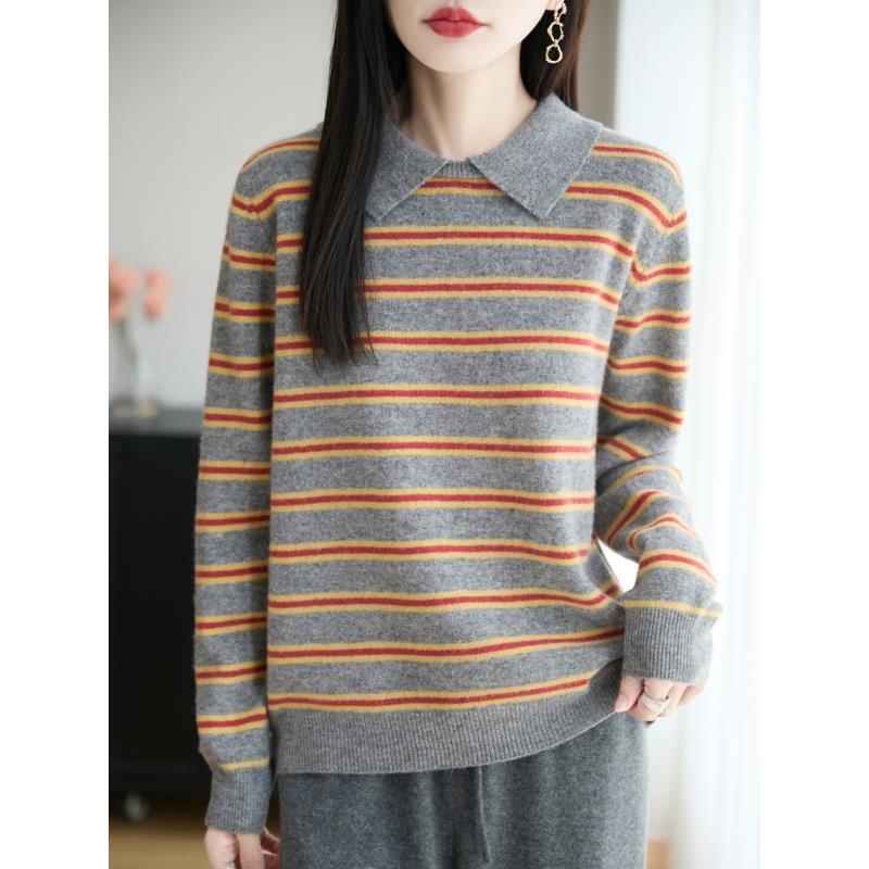 100%羊毛圆polo衫长袖毛衣秋冬款翻领条纹D2511