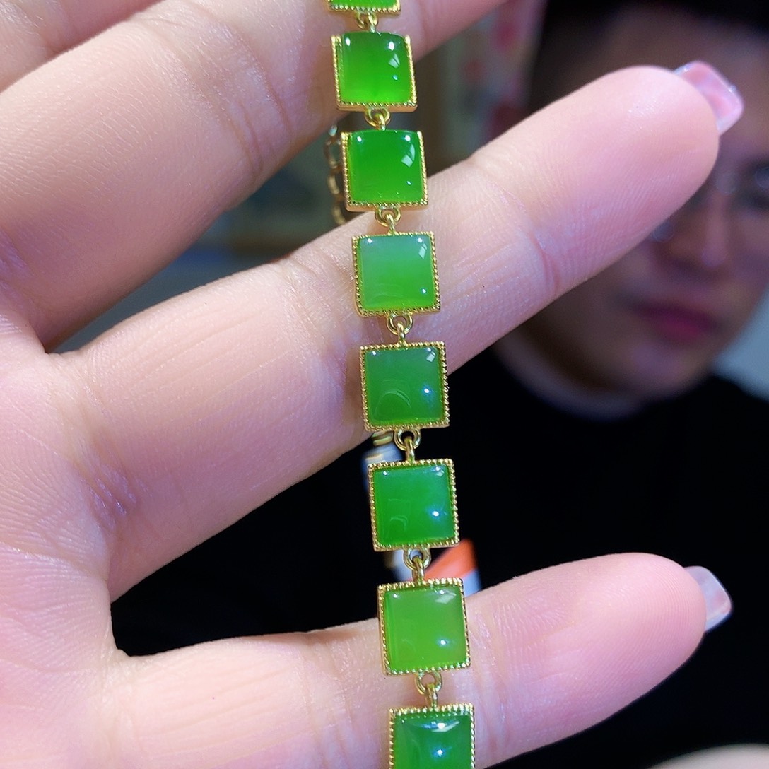 和田玉（碧玉）手链银S925镀金镶嵌