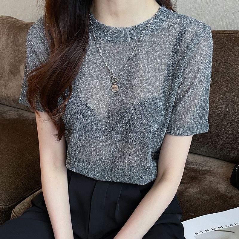 短袖打底衫蕾丝半袖女士夏季天丝透气T恤时尚烫钻