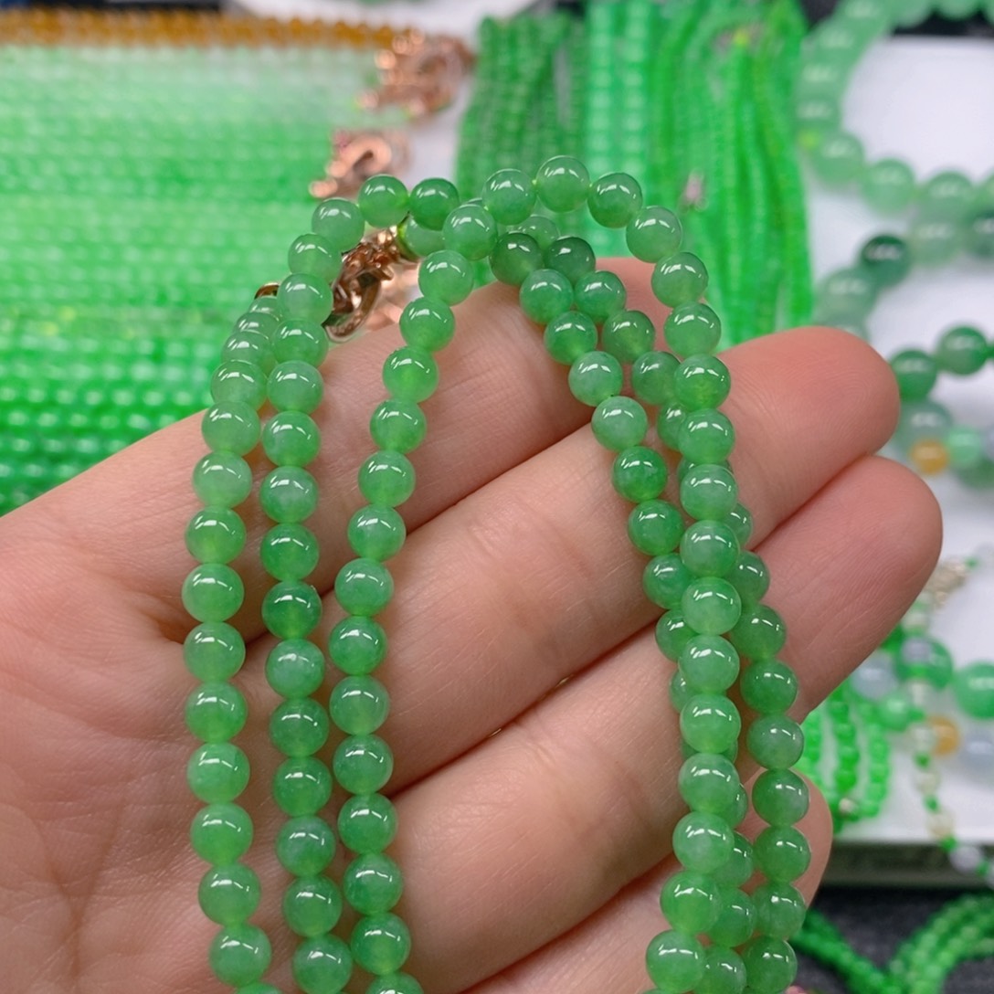 翡翠颈饰未镶嵌缅甸天然翡翠冰种阳绿项链5.2m' m