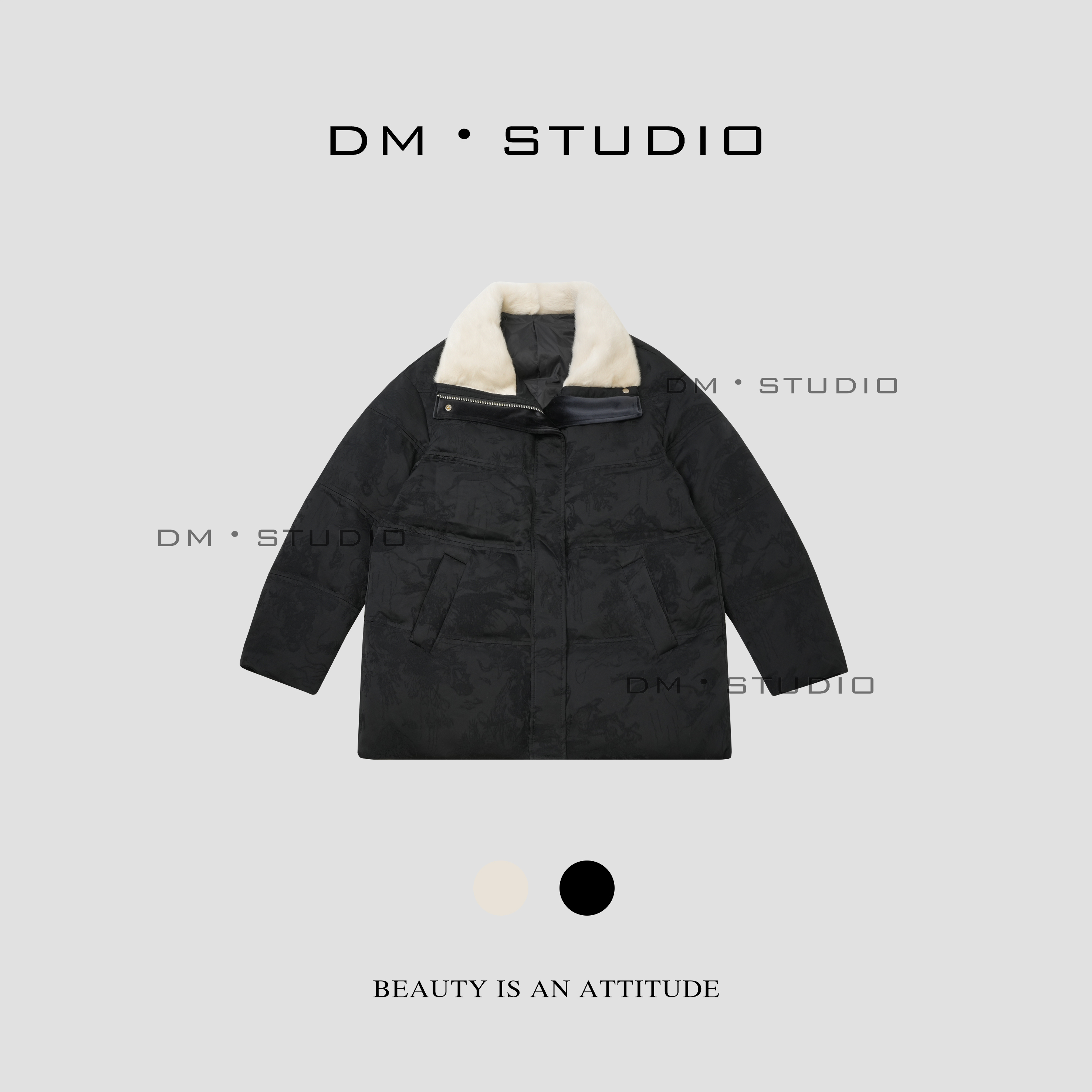 DEDM•STUDIODM式高级提花工艺拼接水貂毛领90新国标鹅绒服（7755）