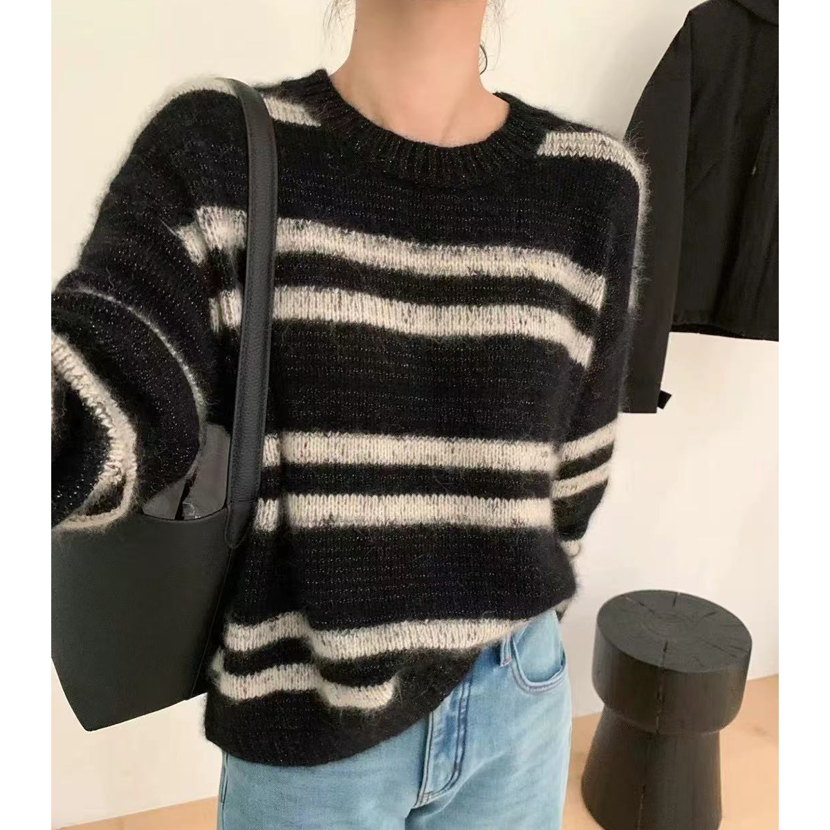 圆领欧美风毛衣显瘦套头外穿条纹百搭秋冬上衣