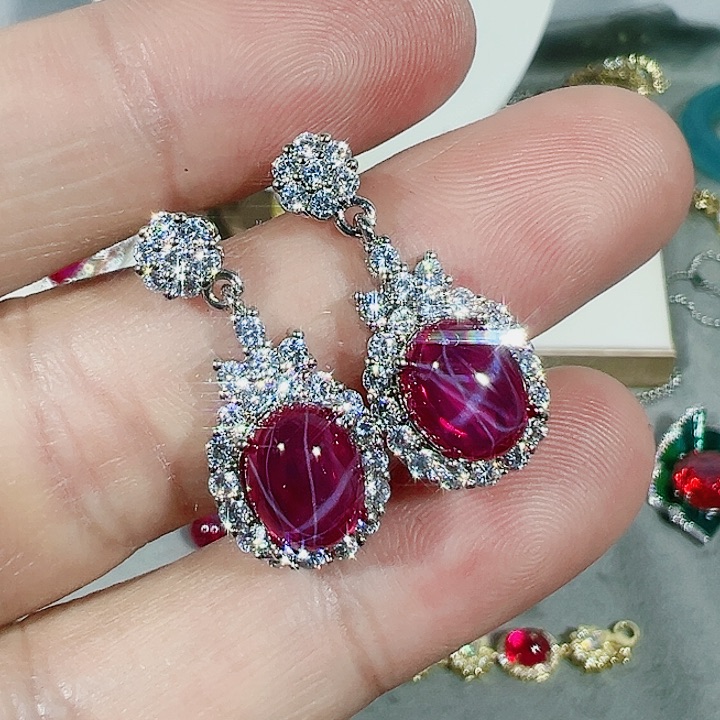 红宝石耳坠银S925镶嵌