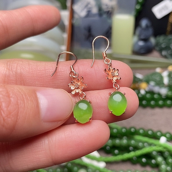 和田玉银S925镶嵌耳饰