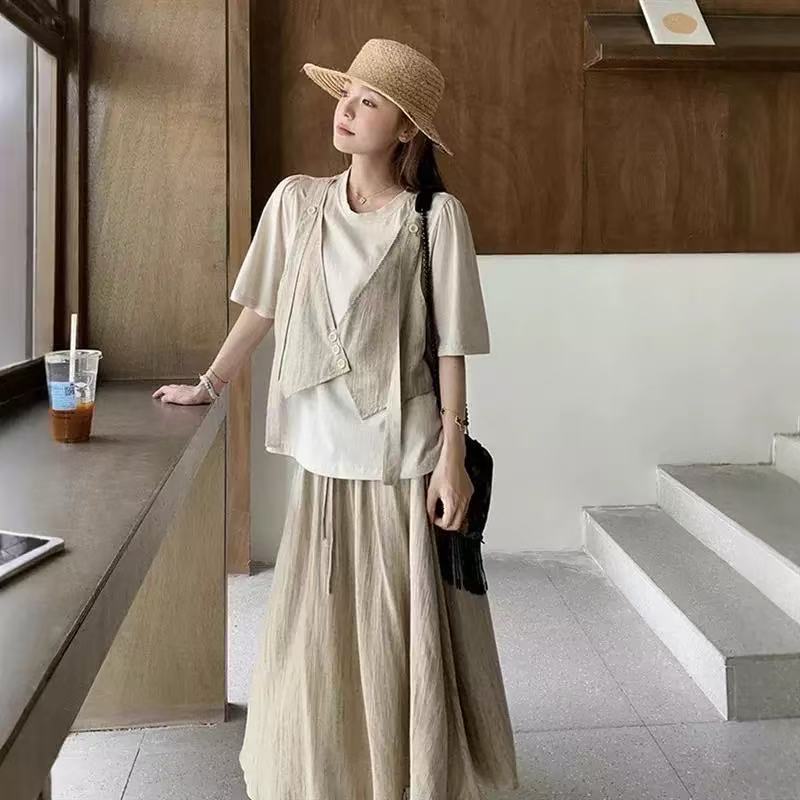 大码女装假两件上衣休闲裤时尚两件套胖mm显瘦一整套ootd穿搭套装