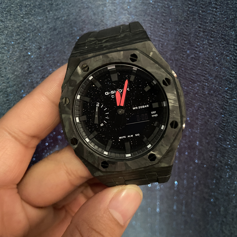 农家橡树改装GA2100满天星黑砂红针黑武士碳纤维表壳成品橡胶表带