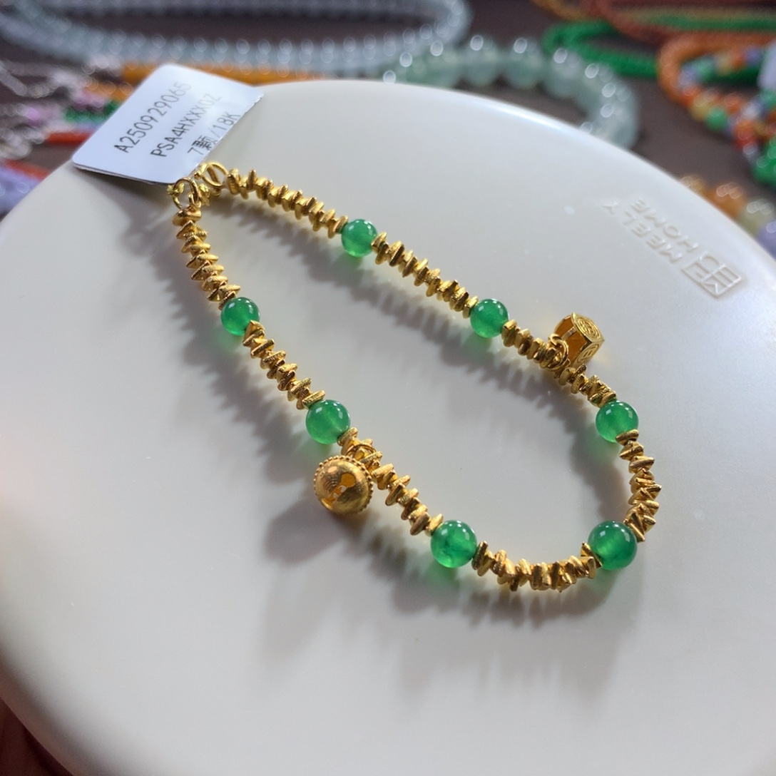 翡翠未镶嵌手链大漏！18.k金 金玉满堂高冰绿珠手链卡4.3~5