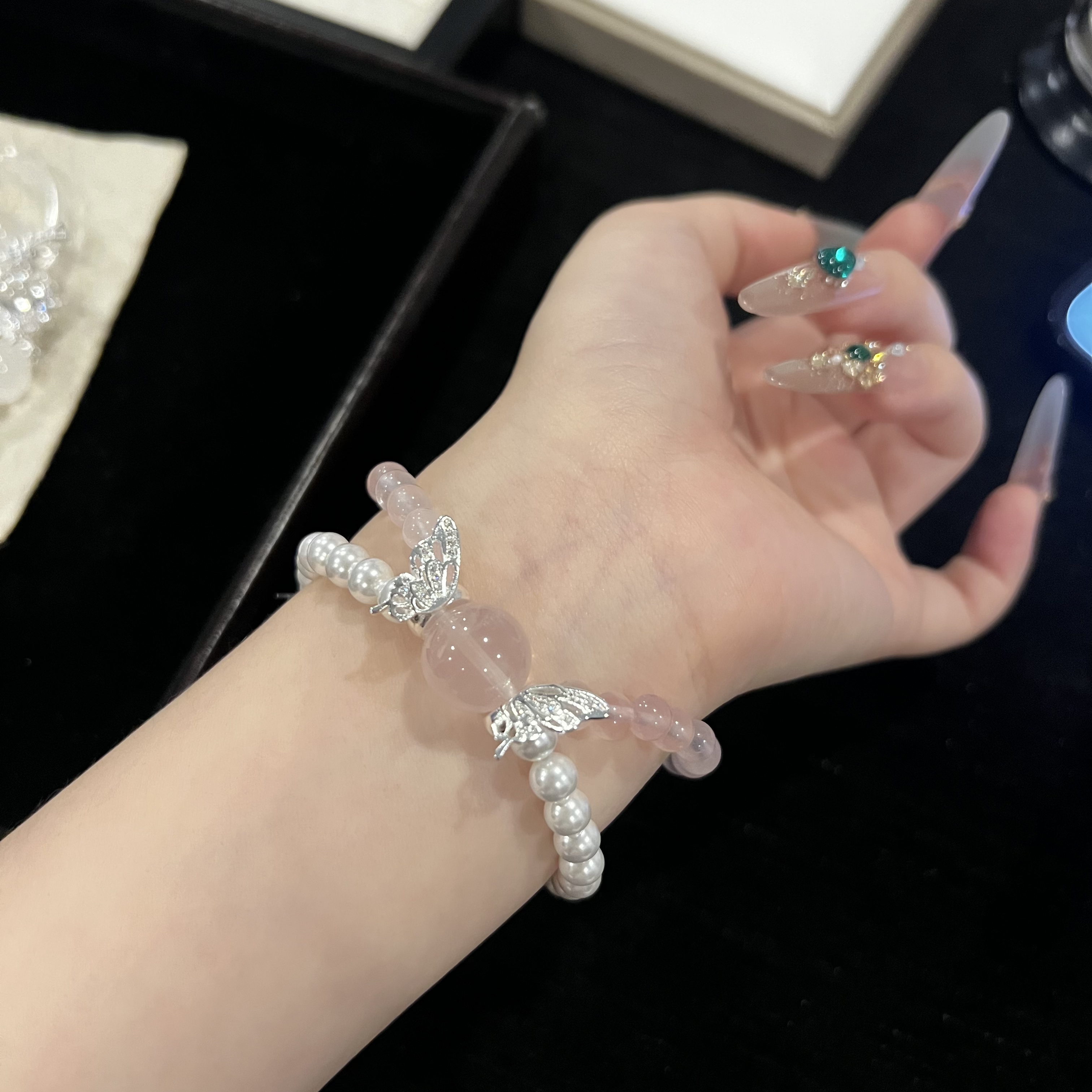 D189 6mm莫粉+6mm贝珠设计款双圈手串 多样性发一