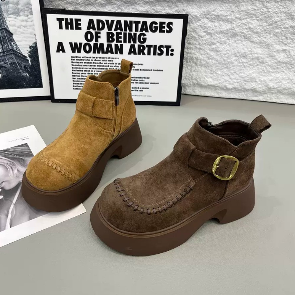 厚底时装靴女新款复古显瘦套筒马丁靴短靴25B251-1（不加绒）