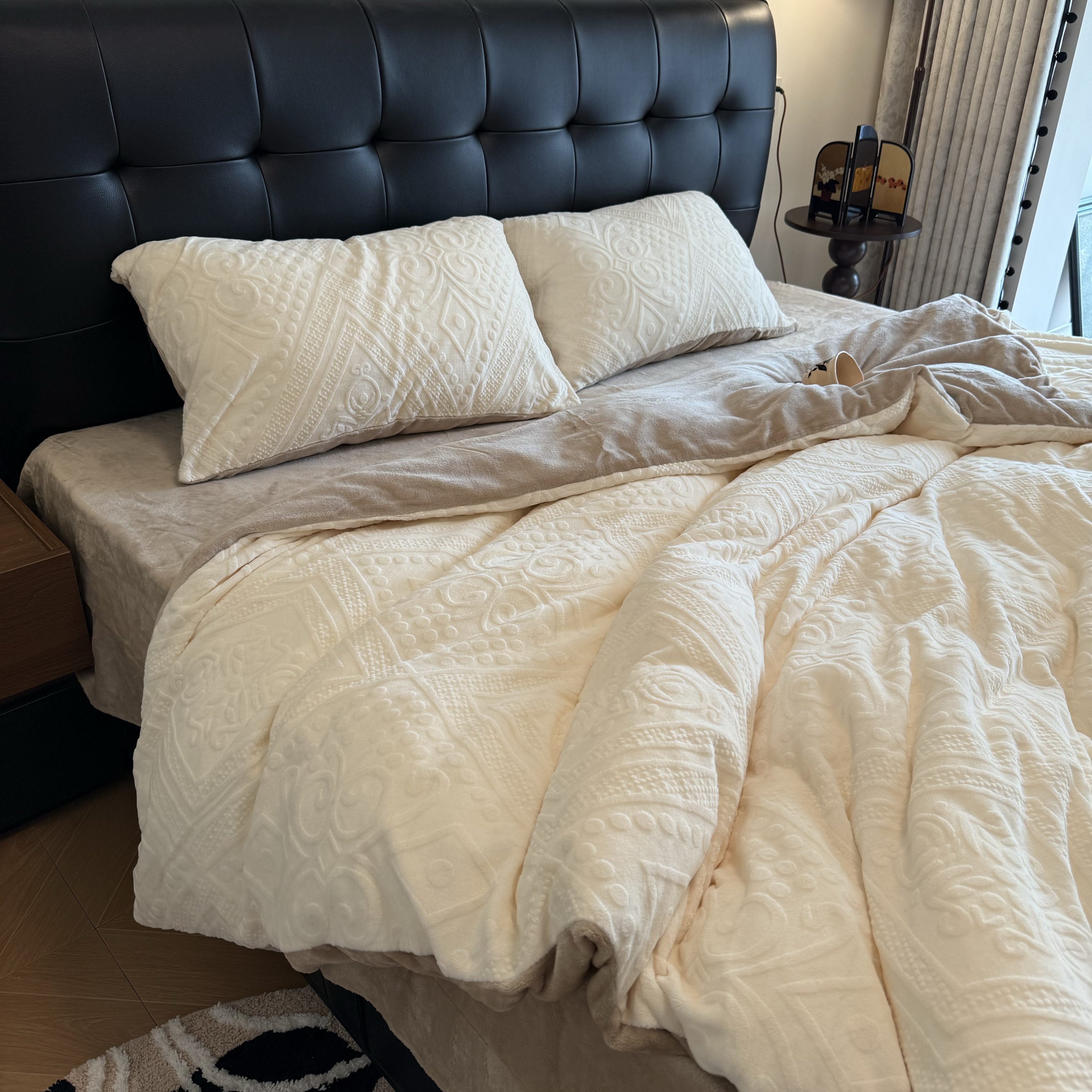 6D立体雕花纯色保暖牛奶绒四件套秋冬立体加厚被套床上用品