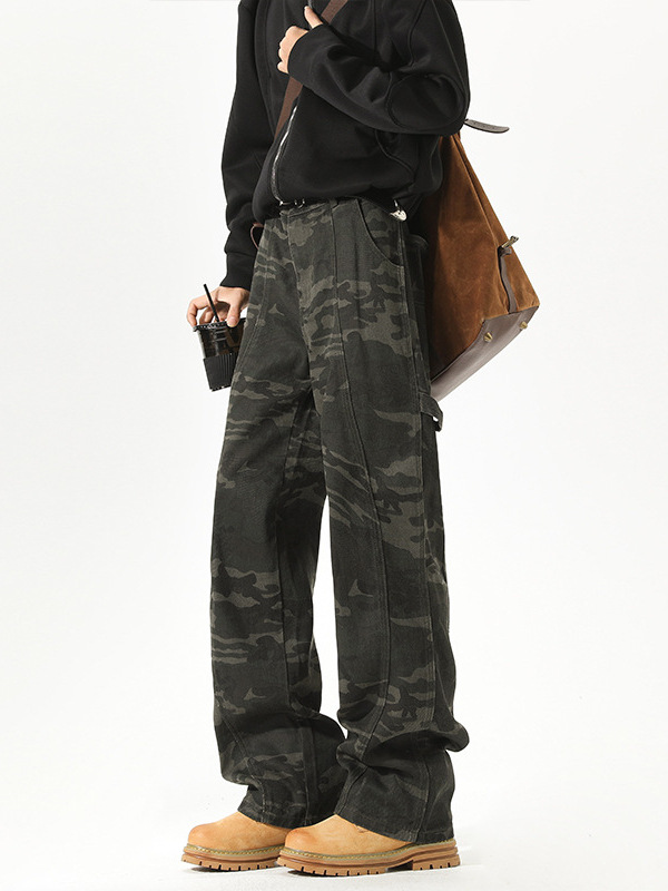 美式复古迷彩牛仔裤秋季宽松显瘦直筒裤子男生男款牛仔裤男式裤子
