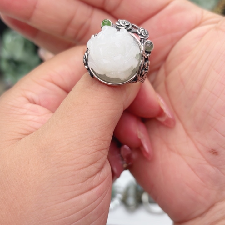 若***长透闪石-蛇纹石玉银S925镶嵌戒指