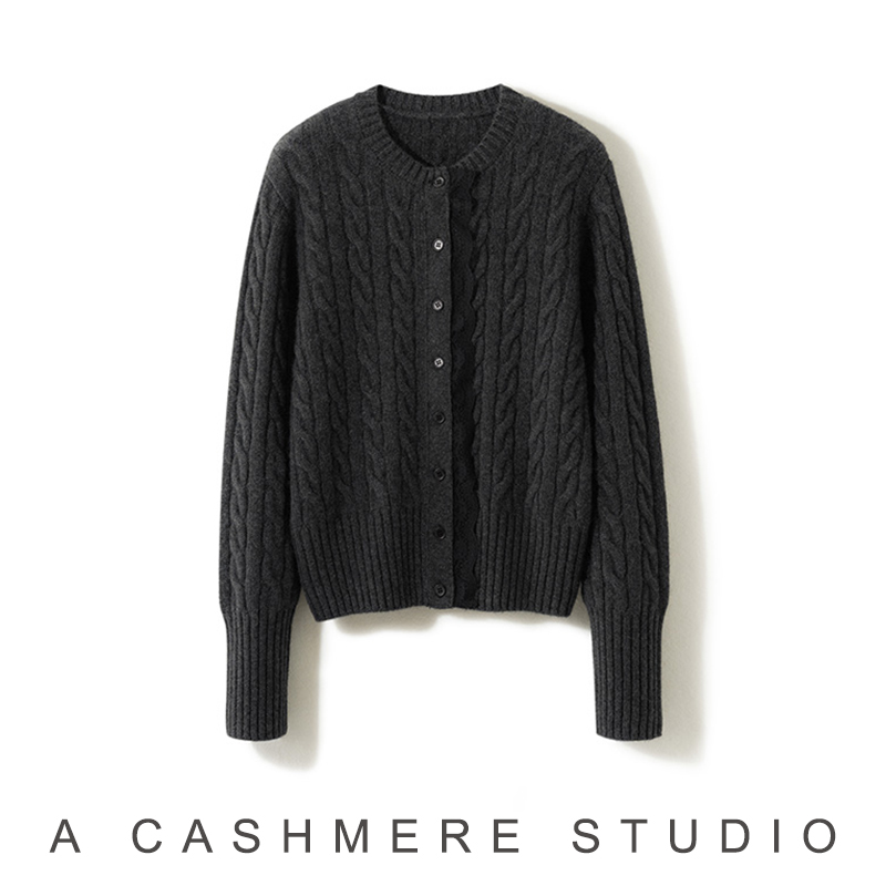 禾家同款康塞妮A规纱秋冬女士100%山羊绒开衫外套圆领针织开衫