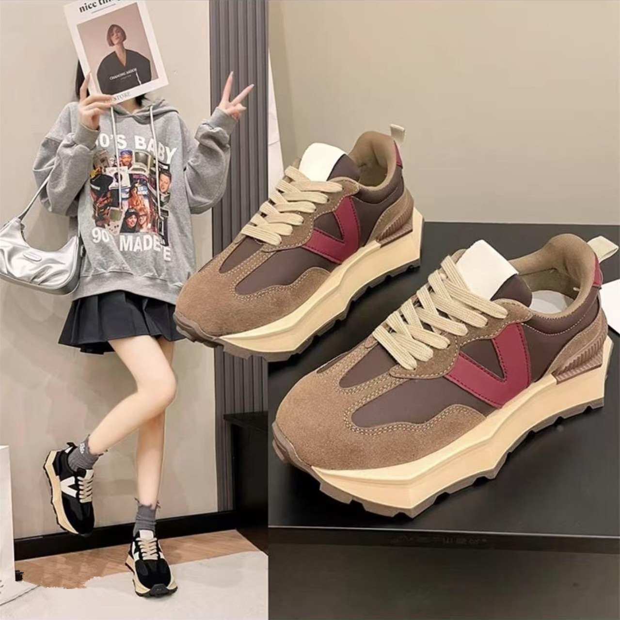 5888断码女鞋时尚百搭厚底阿甘鞋休闲拼色系带女运动鞋学生跑步鞋