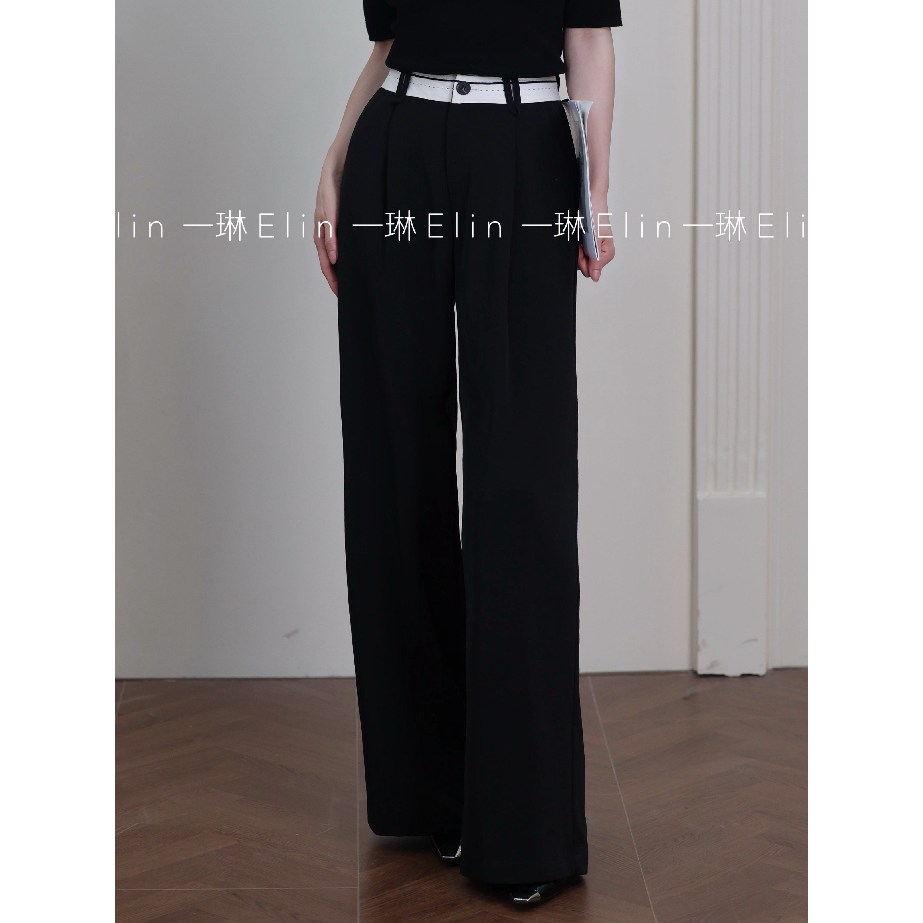 一琳白边裤～气质显瘦时尚设计师款垂感黑色长裤XMZH9091西裤