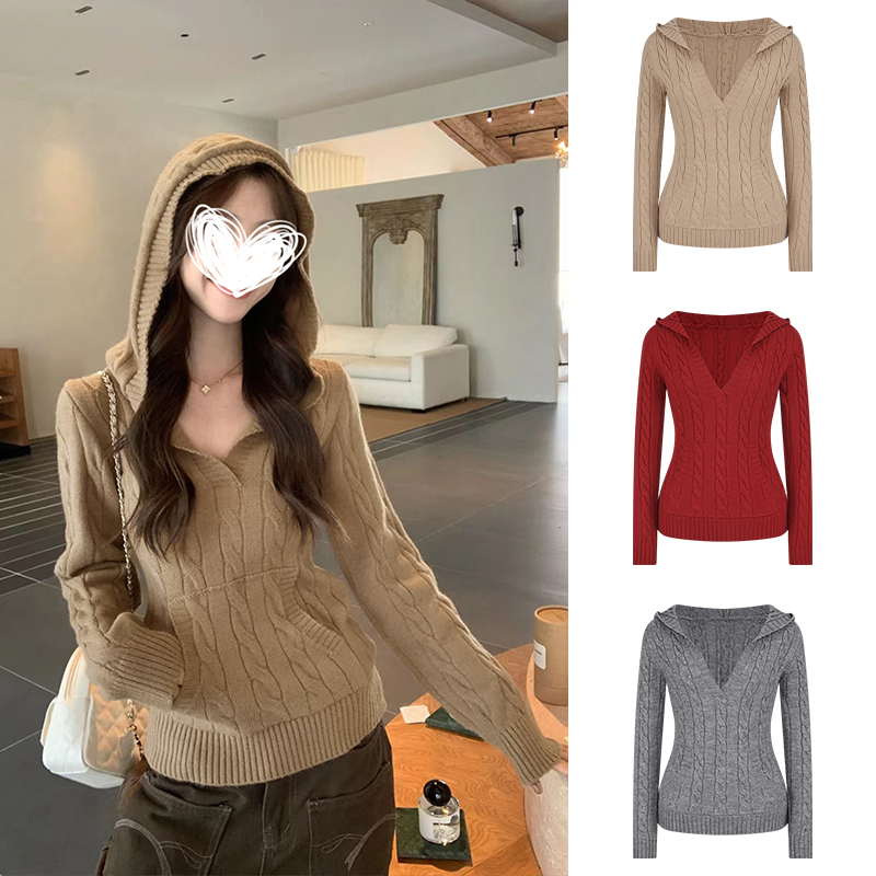 Moses Queen/魔西女王麻花连帽毛针织衫外套秋冬韩系穿搭打底上衣