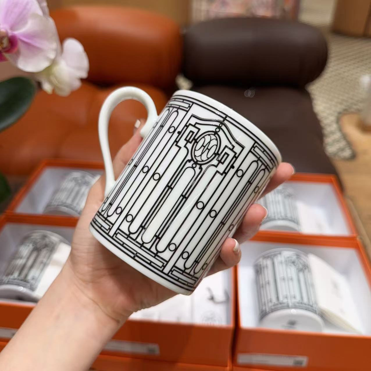 未使用 Hermes/爱马仕 全心/马克杯 'H Deco 1号'白色条纹