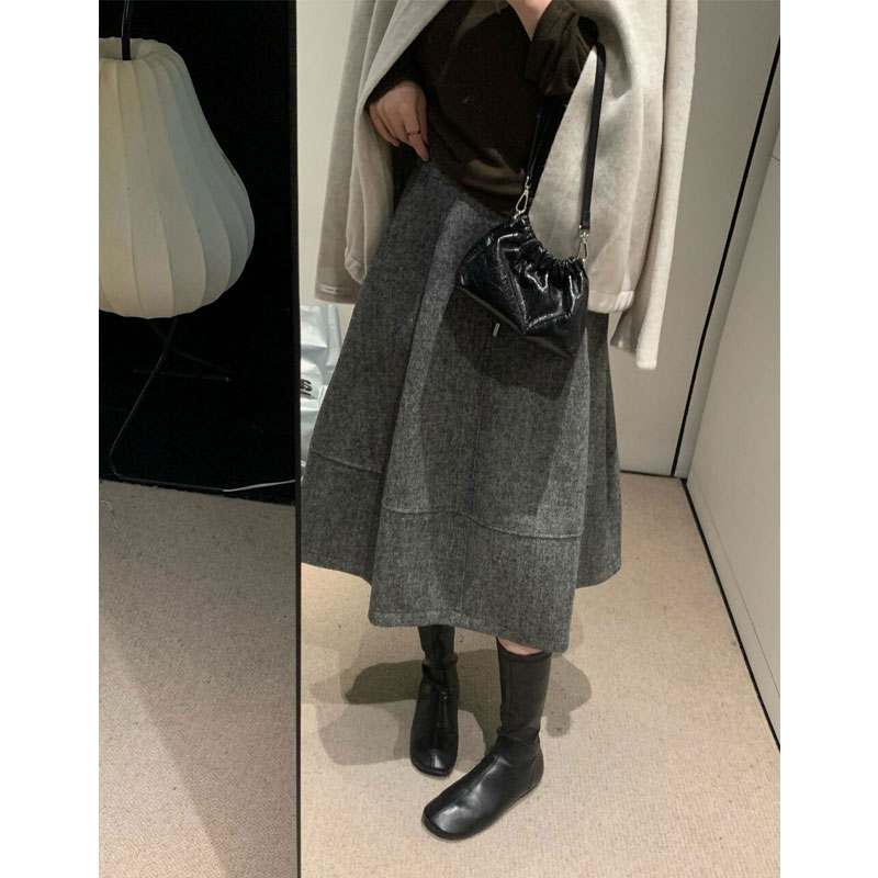2025秋冬新款新款高腰口袋羊毛气质松紧腰拼接大摆半身裙#7749