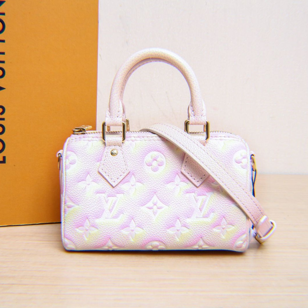 95新 LouisVuitton/路易威登 小花黑黑Speedy Nano 淡粉色 芯片 