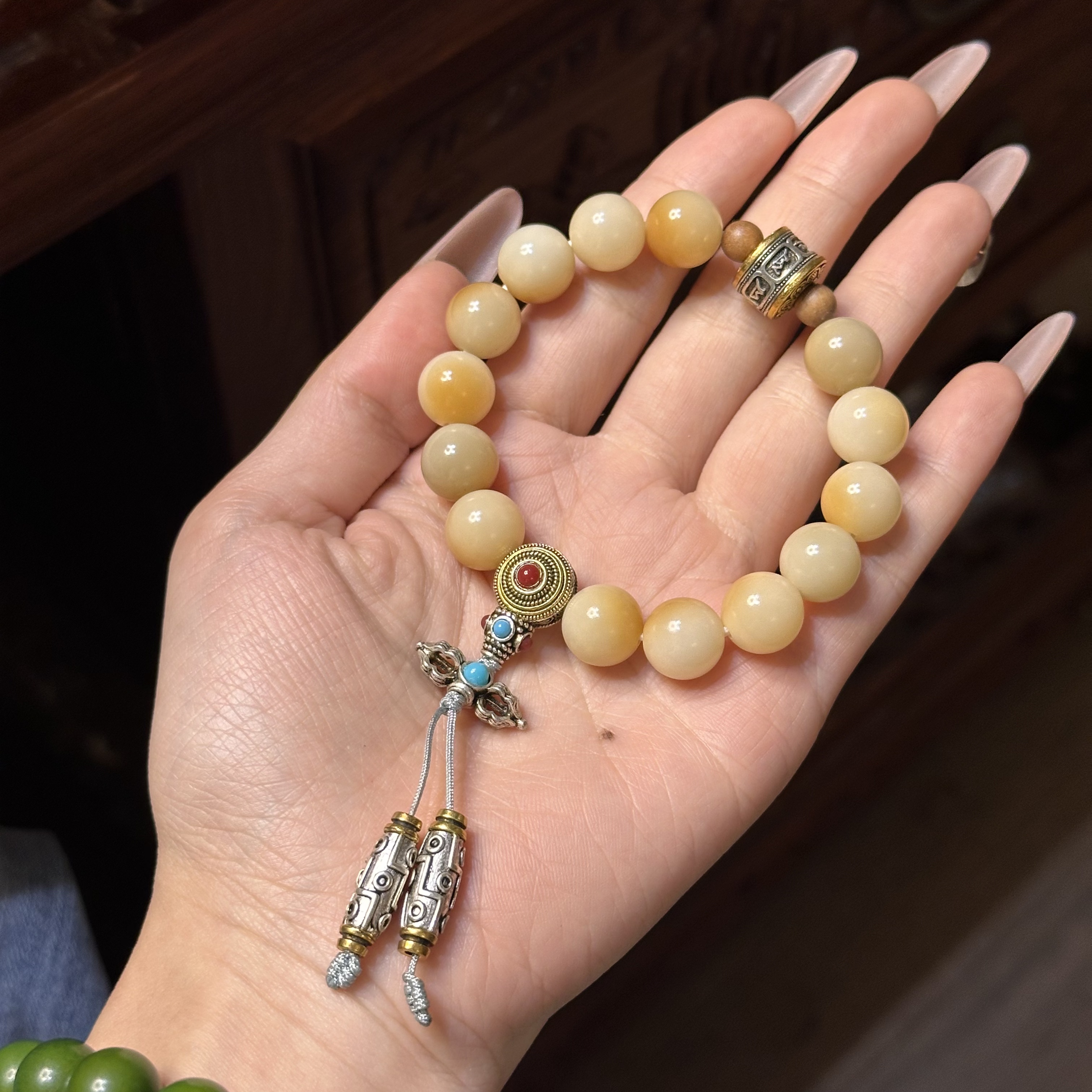 炭烤菩提民族风11mm单圈时尚老型手串卡其色渐变