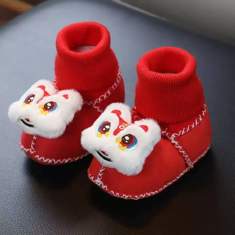 婴幼儿鞋子0-12月宝宝秋冬加绒满月虎头鞋红色喜庆过年婴儿鞋保暖