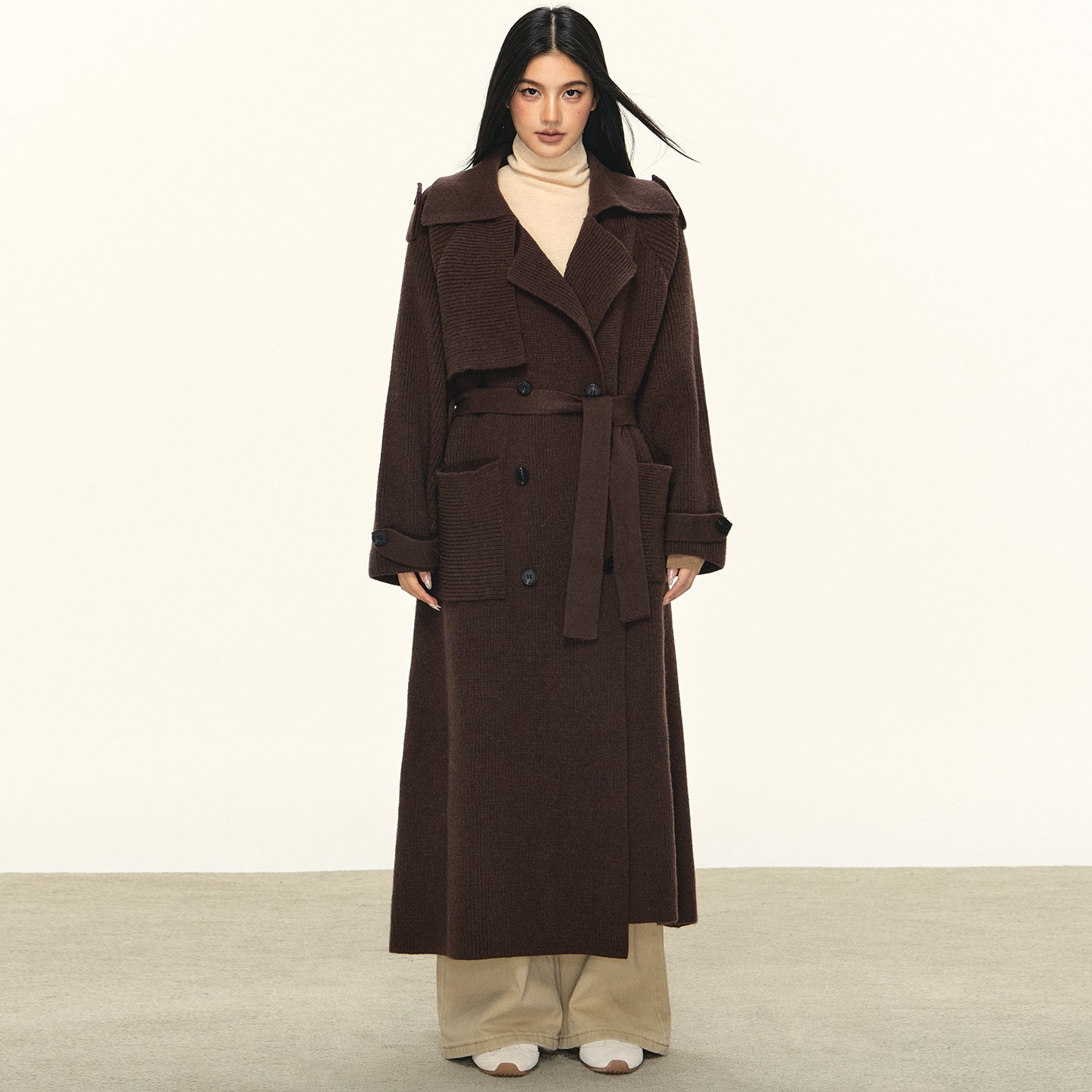 anna aneae氛围感双排扣毛衣外套女冬季辛苦中长款英伦风气质大衣