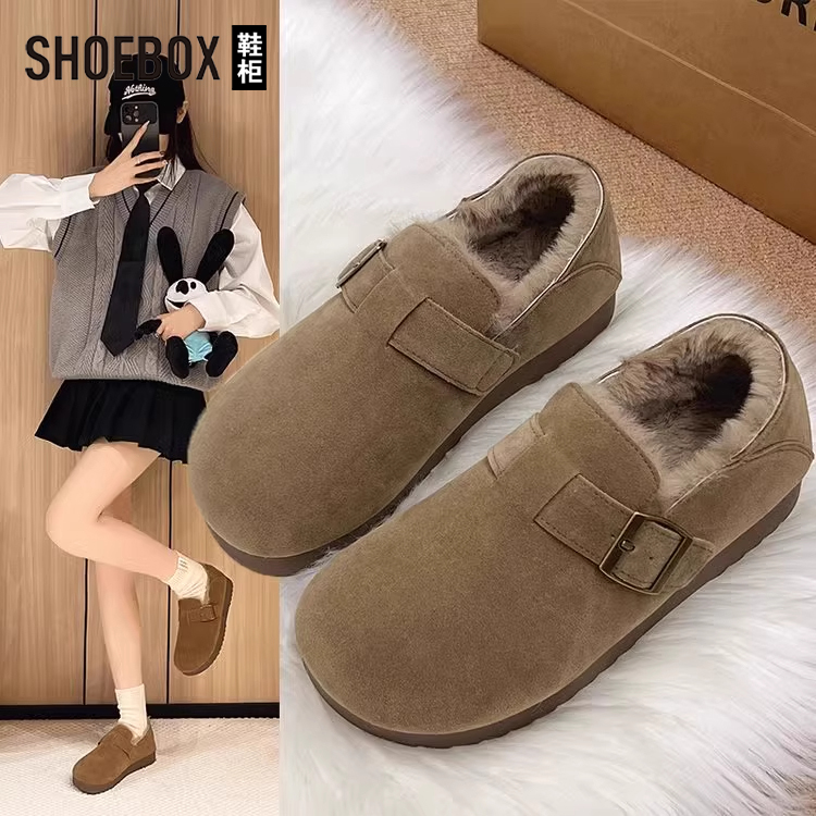 达芙妮旗下鞋柜全包勃肯鞋女2025冬季新款复古毛毛鞋加绒保暖棉鞋