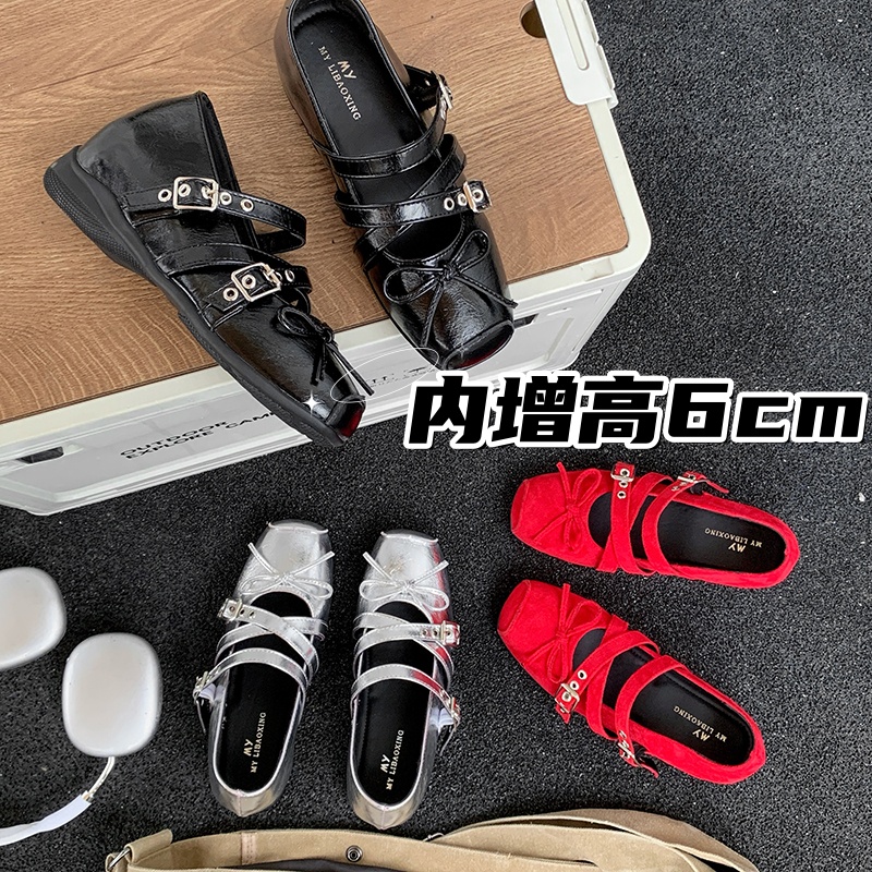 6cm内增高～软底复古红色法式绒面芭蕾舞单鞋女气质交叉带玛丽珍鞋