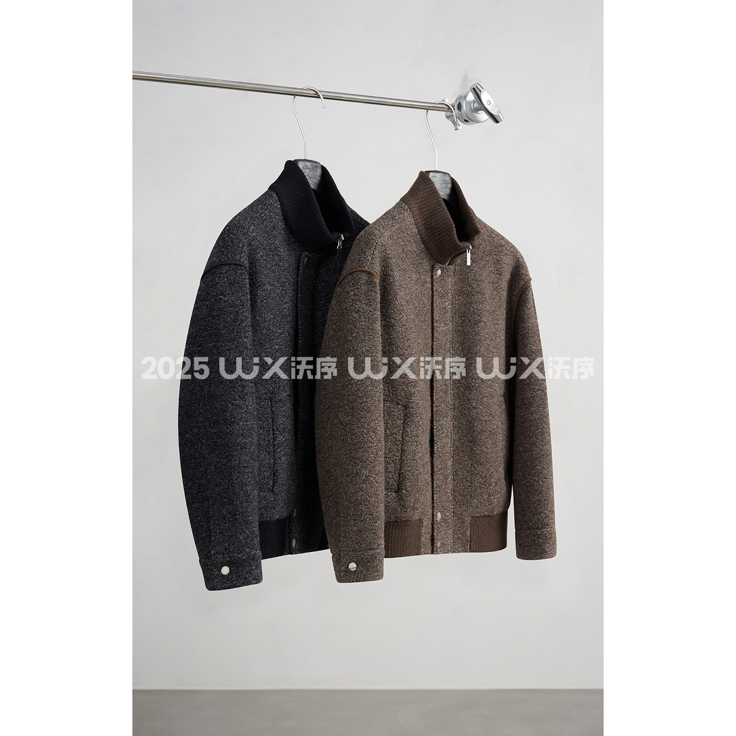 【新贵老钱花纱混色毛呢】25冬季保暖结构型哈灵顿立领羽绒服外套男